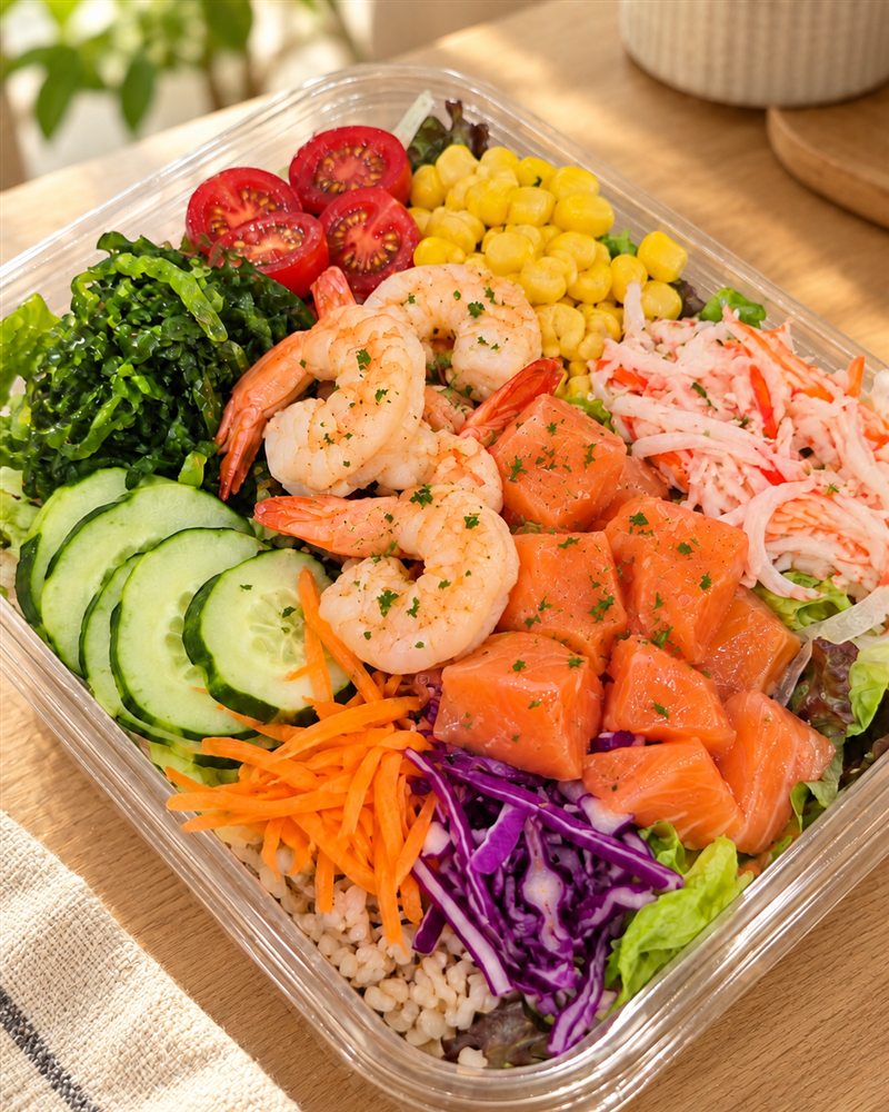 새우, 연어, 오이, 방울토마토, 옥수수, 곡물이 담긴 샐러드
